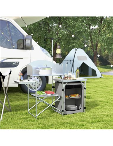 Outsunny Portable Camping Kitchen with Cupboard, Aluminium Folding Table with Windshield & Light Stand, Includes Carrying Bag A2