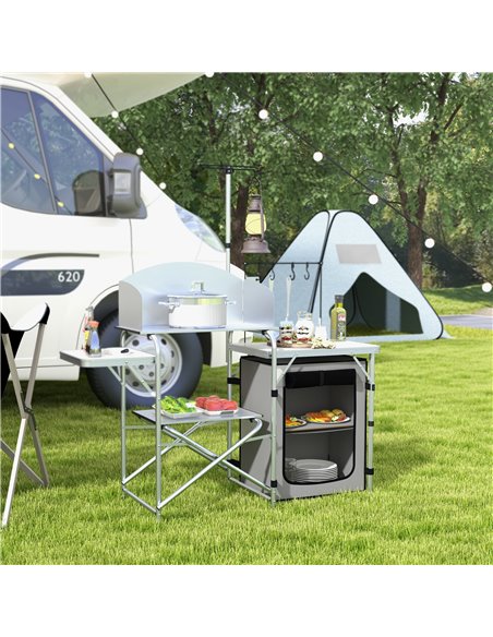 Outsunny Portable Camping Kitchen with Cupboard, Aluminium Folding Table with Windshield & Light Stand, Includes Carrying Bag A2 - pic 59156 | FastDaddyshop