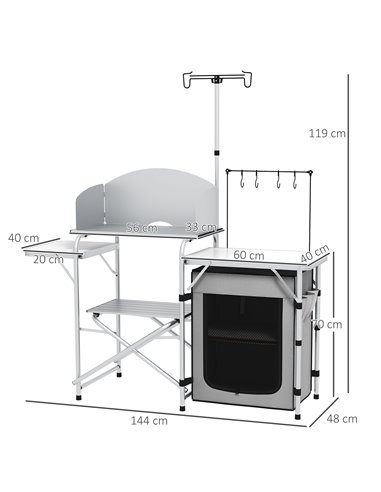 Outsunny Portable Camping Kitchen with Cupboard, Aluminium Folding Table with Windshield & Light Stand, Includes Carrying Bag A2