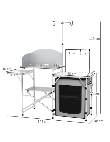 Outsunny Portable Camping Kitchen with Cupboard, Aluminium Folding Table with Windshield & Light Stand, Includes Carrying Bag A2 - pic 59157 | FastDaddyshop