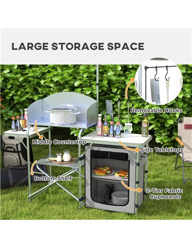 Outsunny Portable Camping Kitchen with Cupboard, Aluminium Folding Table with Windshield & Light Stand, Includes Carrying Bag A2