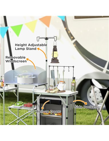 Outsunny Portable Camping Kitchen with Cupboard, Aluminium Folding Table with Windshield & Light Stand, Includes Carrying Bag A2