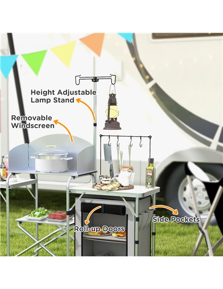 Outsunny Portable Camping Kitchen with Cupboard, Aluminium Folding Table with Windshield & Light Stand, Includes Carrying Bag A2 - pic 59159 | FastDaddyshop