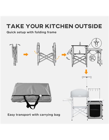 Outsunny Portable Camping Kitchen with Cupboard, Aluminium Folding Table with Windshield & Light Stand, Includes Carrying Bag A2