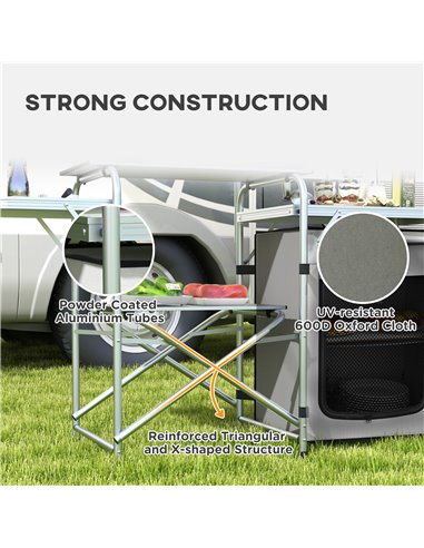 Outsunny Portable Camping Kitchen with Cupboard, Aluminium Folding Table with Windshield & Light Stand, Includes Carrying Bag A2