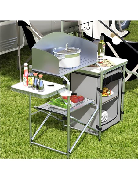 Outsunny Portable Camping Kitchen with Cupboard, Aluminium Folding Table with Windshield & Light Stand, Includes Carrying Bag A2 - pic 59162 | FastDaddyshop