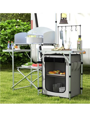 Outsunny Portable Camping Kitchen with Cupboard, Aluminium Folding Table with Windshield & Light Stand, Includes Carrying Bag A2
