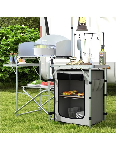 Outsunny Portable Camping Kitchen with Cupboard, Aluminium Folding Table with Windshield & Light Stand, Includes Carrying Bag A2 - pic 59163 | FastDaddyshop