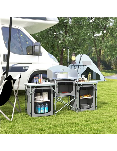 Outsunny Compact Camping Kitchen, Aluminium Portable Outdoor Cooking Station with Windshield, Storage Cupboards & Carry Bag for  - pic 59165 | FastDaddyshop