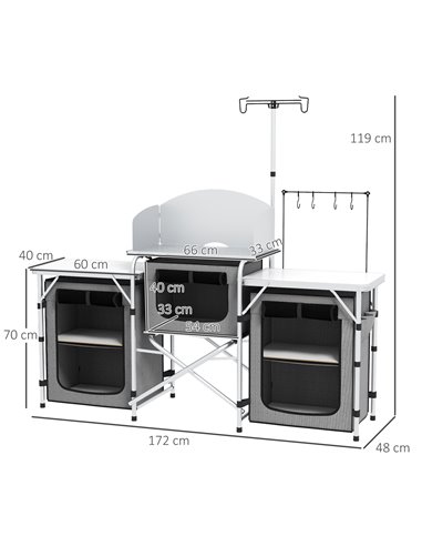 Outsunny Compact Camping Kitchen, Aluminium Portable Outdoor Cooking Station with Windshield, Storage Cupboards & Carry Bag for 
