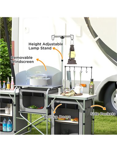 Outsunny Compact Camping Kitchen, Aluminium Portable Outdoor Cooking Station with Windshield, Storage Cupboards & Carry Bag for 