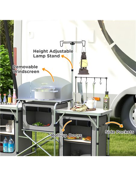 Outsunny Compact Camping Kitchen, Aluminium Portable Outdoor Cooking Station with Windshield, Storage Cupboards & Carry Bag for  - pic 59168 | FastDaddyshop