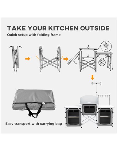 Outsunny Compact Camping Kitchen, Aluminium Portable Outdoor Cooking Station with Windshield, Storage Cupboards & Carry Bag for 