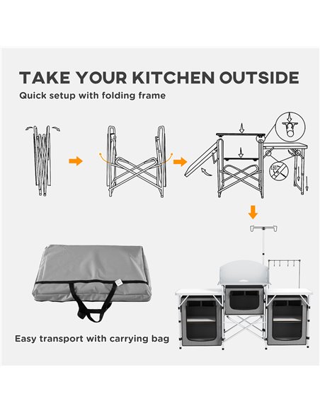 Outsunny Compact Camping Kitchen, Aluminium Portable Outdoor Cooking Station with Windshield, Storage Cupboards & Carry Bag for  - pic 59169 | FastDaddyshop