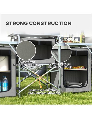Outsunny Compact Camping Kitchen, Aluminium Portable Outdoor Cooking Station with Windshield, Storage Cupboards & Carry Bag for 