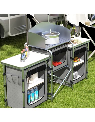 Outsunny Compact Camping Kitchen, Aluminium Portable Outdoor Cooking Station with Windshield, Storage Cupboards & Carry Bag for 
