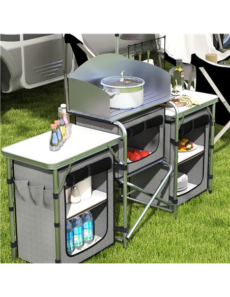 Outsunny Compact Camping Kitchen, Aluminium Portable Outdoor Cooking Station with Windshield, Storage Cupboards & Carry Bag for  - pic 59171 | FastDaddyshop