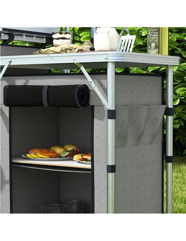 Outsunny Compact Camping Kitchen, Aluminium Portable Outdoor Cooking Station with Windshield, Storage Cupboards & Carry Bag for 
