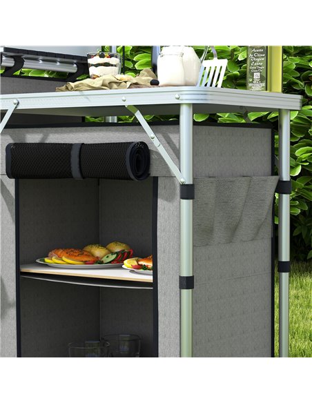 Outsunny Compact Camping Kitchen, Aluminium Portable Outdoor Cooking Station with Windshield, Storage Cupboards & Carry Bag for  - pic 59172 | FastDaddyshop