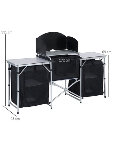 Outsunny Portable Folding Camping Kitchen Table with Windscreen, Storage Cupboards, Aluminium Frame for BBQs, Parties, Picnics A