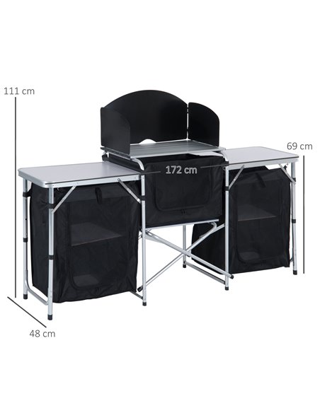Outsunny Portable Folding Camping Kitchen Table with Windscreen, Storage Cupboards, Aluminium Frame for BBQs, Parties, Picnics A - pic 59175 | FastDaddyshop
