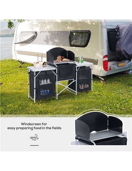 Outsunny Portable Folding Camping Kitchen Table with Windscreen, Storage Cupboards, Aluminium Frame for BBQs, Parties, Picnics A - pic 59177 | FastDaddyshop