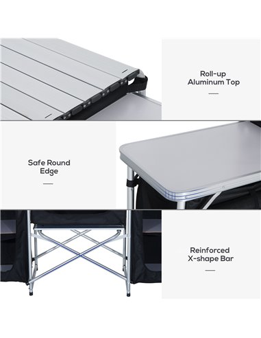 Outsunny Portable Folding Camping Kitchen Table with Windscreen, Storage Cupboards, Aluminium Frame for BBQs, Parties, Picnics A