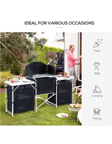 Outsunny Portable Folding Camping Kitchen Table with Windscreen, Storage Cupboards, Aluminium Frame for BBQs, Parties, Picnics A