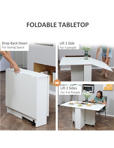 HOMCOM Mobile Drop Leaf Dining Kitchen Table Folding Desk For Small Spaces With 2 Wheels & 2 Storage Shelves White 02-0621