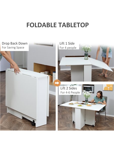 HOMCOM Mobile Drop Leaf Dining Kitchen Table Folding Desk For Small Spaces With 2 Wheels & 2 Storage Shelves White 02-0621 - pic 59194 | FastDaddyshop
