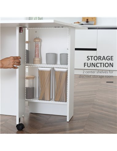 HOMCOM Mobile Drop Leaf Dining Kitchen Table Folding Desk For Small Spaces With 2 Wheels & 2 Storage Shelves White 02-0621
