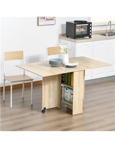 HOMCOM Folding Dining Kitchen Table, Mobile Drop Leaf, Small Spaces Design, 2 Wheels, 2 Storage Shelves, Oak 835-058