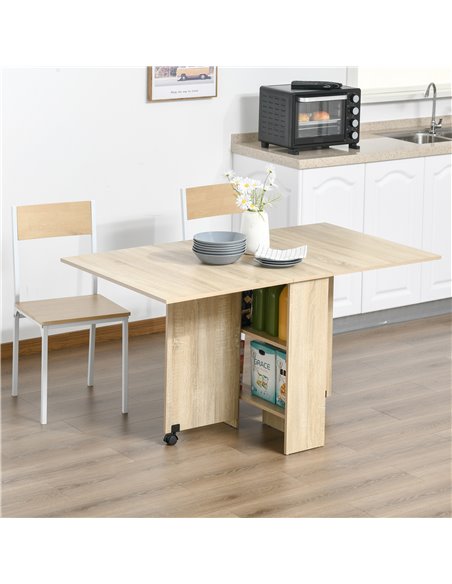 HOMCOM Folding Dining Kitchen Table, Mobile Drop Leaf, Small Spaces Design, 2 Wheels, 2 Storage Shelves, Oak 835-058 - pic 59201 | FastDaddyshop