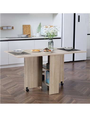 HOMCOM Folding Dining Kitchen Table, Mobile Drop Leaf, Small Spaces Design, 2 Wheels, 2 Storage Shelves, Oak 835-058