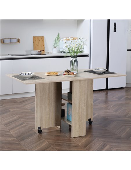 HOMCOM Folding Dining Kitchen Table, Mobile Drop Leaf, Small Spaces Design, 2 Wheels, 2 Storage Shelves, Oak 835-058 - pic 59204 | FastDaddyshop