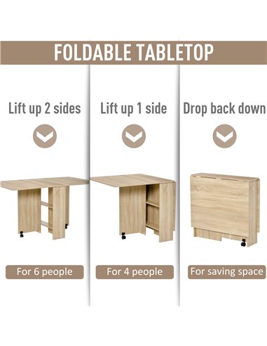 HOMCOM Folding Dining Kitchen Table, Mobile Drop Leaf, Small Spaces Design, 2 Wheels, 2 Storage Shelves, Oak 835-058