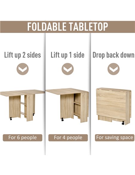 HOMCOM Folding Dining Kitchen Table, Mobile Drop Leaf, Small Spaces Design, 2 Wheels, 2 Storage Shelves, Oak 835-058 - pic 59205 | FastDaddyshop
