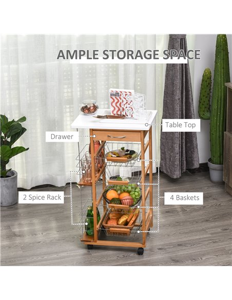 HOMCOM Rolling Kitchen Cart, Utility Storage Cart with 4 Basket Drawers & Side Racks, Wheels for Dining Room, Brown 801-121V01ND - pic 59212 | FastDaddyshop