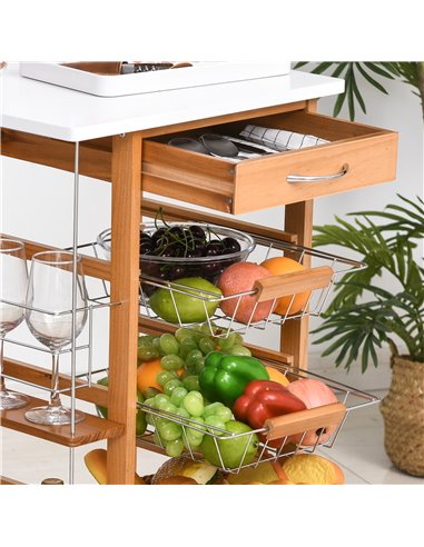 HOMCOM Rolling Kitchen Cart, Utility Storage Cart with 4 Basket Drawers & Side Racks, Wheels for Dining Room, Brown 801-121V01ND