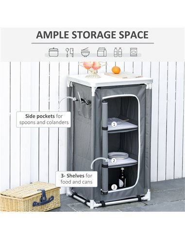 Outsunny Camping Kitchen Unit, 3-Shelf Cook Station with Storage Organiser & Carry Bag, Foldable for BBQs, Picnics, Grey A20-161
