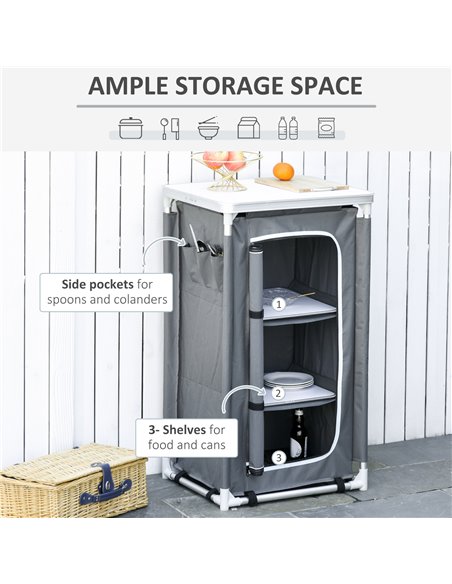 Outsunny Camping Kitchen Unit, 3-Shelf Cook Station with Storage Organiser & Carry Bag, Foldable for BBQs, Picnics, Grey A20-161 - pic 59222 | FastDaddyshop