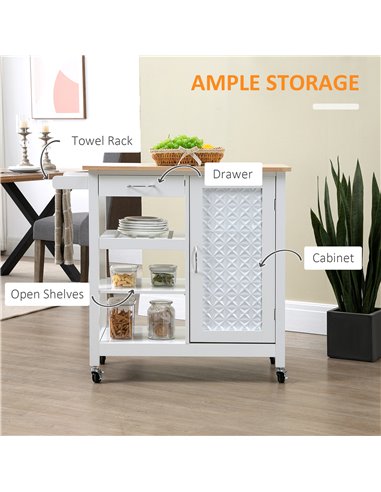 HOMCOM Kitchen Cart on Wheels with Embossed Door Panel, Utility Kitchen Island with Storage Drawer, White 801-210