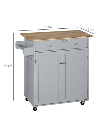 HOMCOM Rolling Kitchen Island on Wheels, Utility Serving Cart with Rubber Wood Top, Towel Rack, Hooks and Storage Drawers, Grey 
