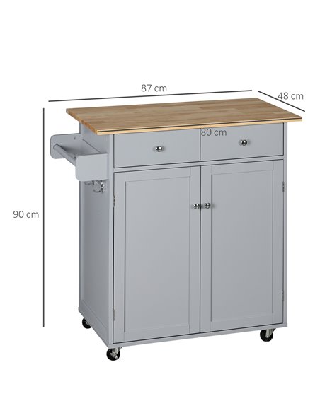 HOMCOM Rolling Kitchen Island on Wheels, Utility Serving Cart with Rubber Wood Top, Towel Rack, Hooks and Storage Drawers, Grey  - pic 59247 | FastDaddyshop