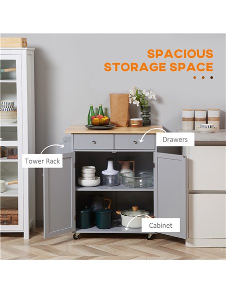 HOMCOM Rolling Kitchen Island on Wheels, Utility Serving Cart with Rubber Wood Top, Towel Rack, Hooks and Storage Drawers, Grey  - pic 59248 | FastDaddyshop