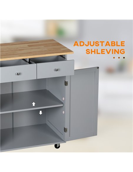 HOMCOM Rolling Kitchen Island on Wheels, Utility Serving Cart with Rubber Wood Top, Towel Rack, Hooks and Storage Drawers, Grey  - pic 59250 | FastDaddyshop