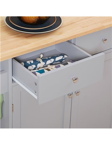 HOMCOM Rolling Kitchen Island on Wheels, Utility Serving Cart with Rubber Wood Top, Towel Rack, Hooks and Storage Drawers, Grey 