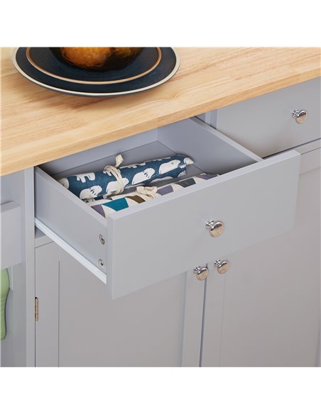 HOMCOM Rolling Kitchen Island on Wheels, Utility Serving Cart with Rubber Wood Top, Towel Rack, Hooks and Storage Drawers, Grey  - pic 59252 | FastDaddyshop