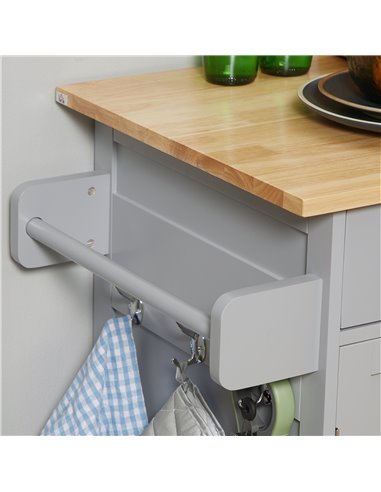 HOMCOM Rolling Kitchen Island on Wheels, Utility Serving Cart with Rubber Wood Top, Towel Rack, Hooks and Storage Drawers, Grey 