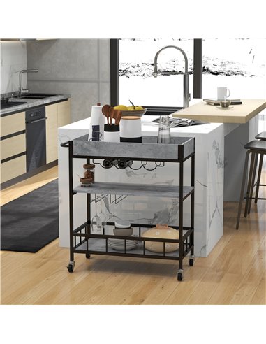 HOMCOM 3-Tier Kitchen Cart, Kitchen Island with Storage Shelves, Removable Tray, Wine Racks, Glass Holders, Faux Marbled Grey 80